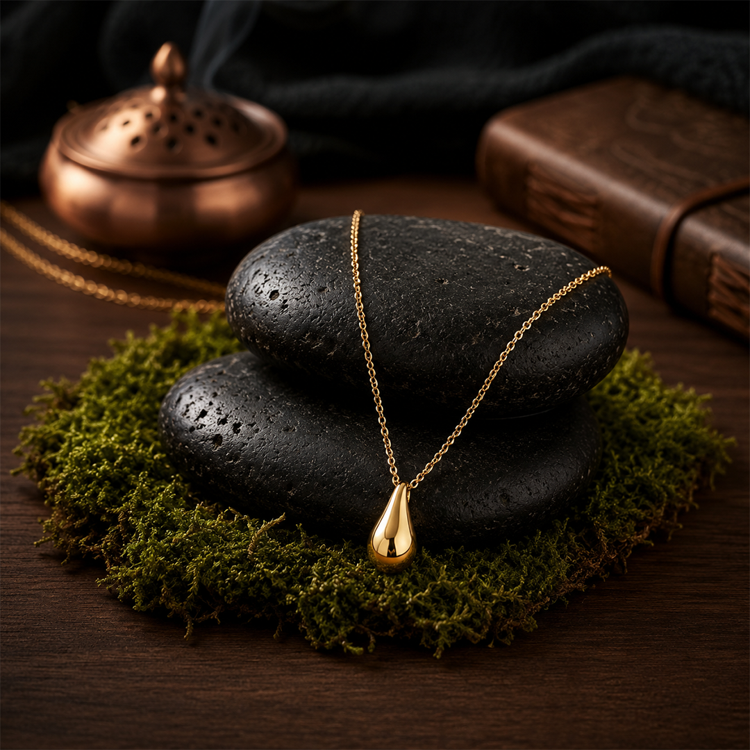 Gold Water Drop Pendant Necklace & Earring Set — Smooth Teardrop