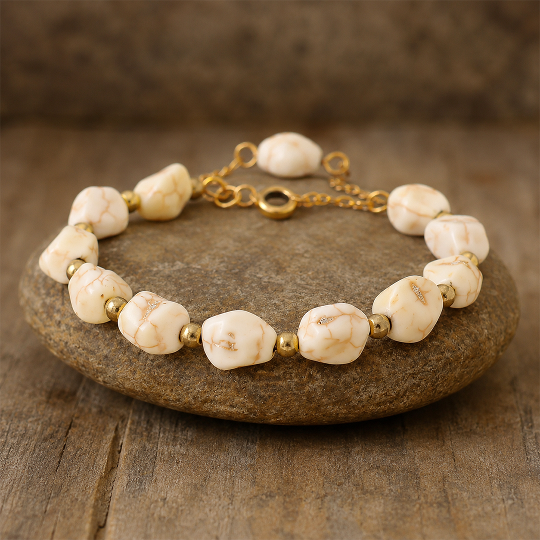 White Howlite Nugget Stone Bracelet with Gold Beads — Adjustable
