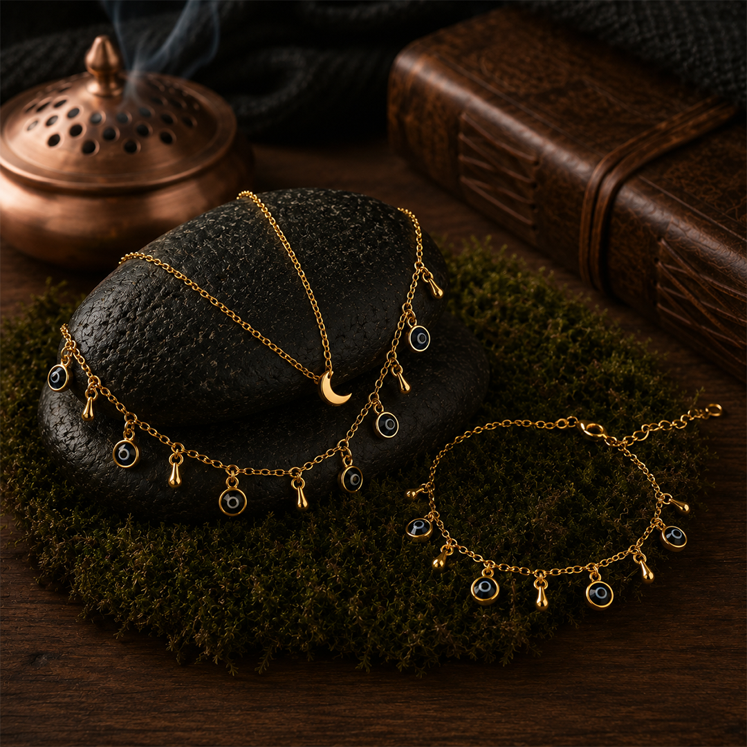 Layered Gold Evil Eye Necklace & Bracelet Set with Crescent Moon