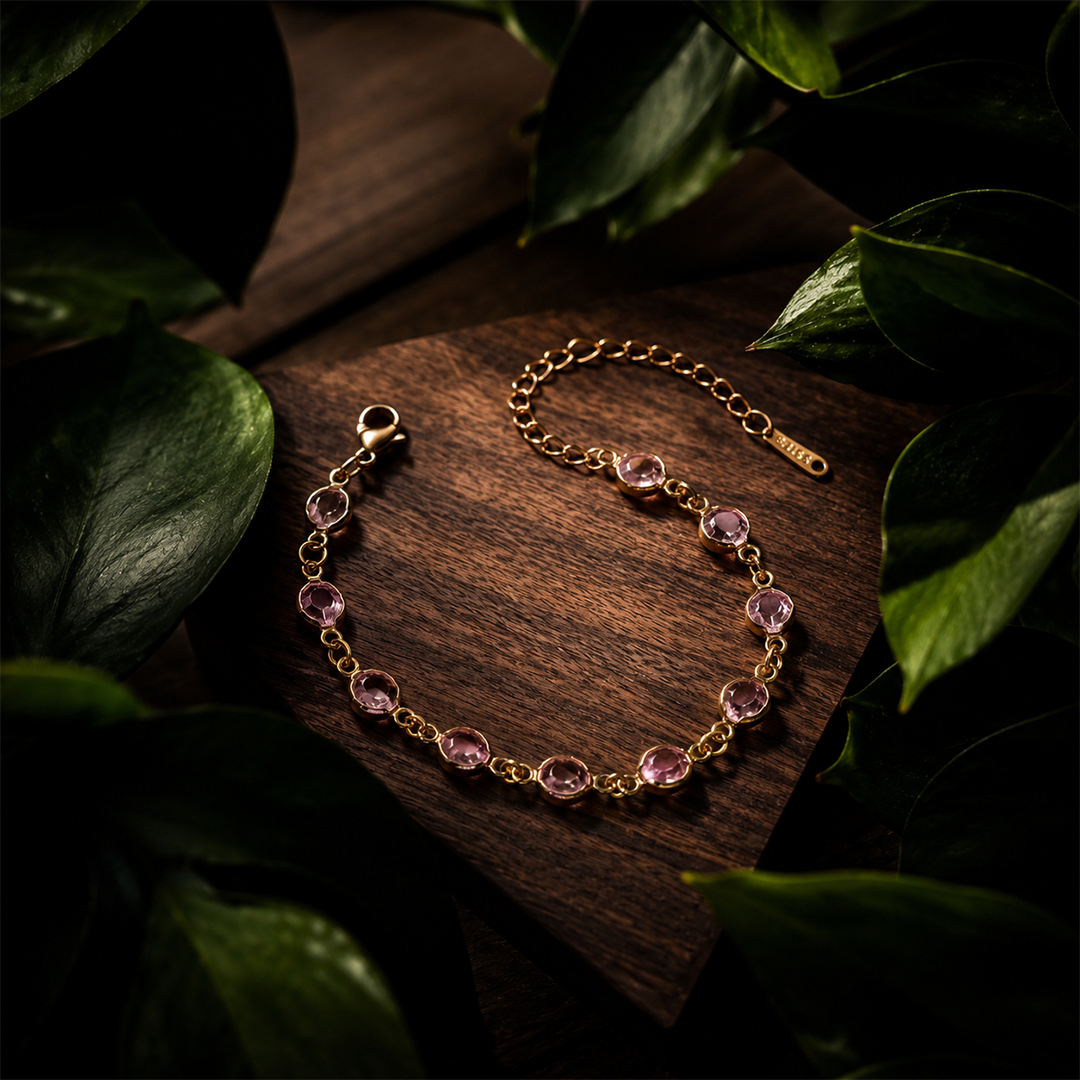 Pink Crystal Bezel-Set Gold Chain Bracelet — 18K Plated
