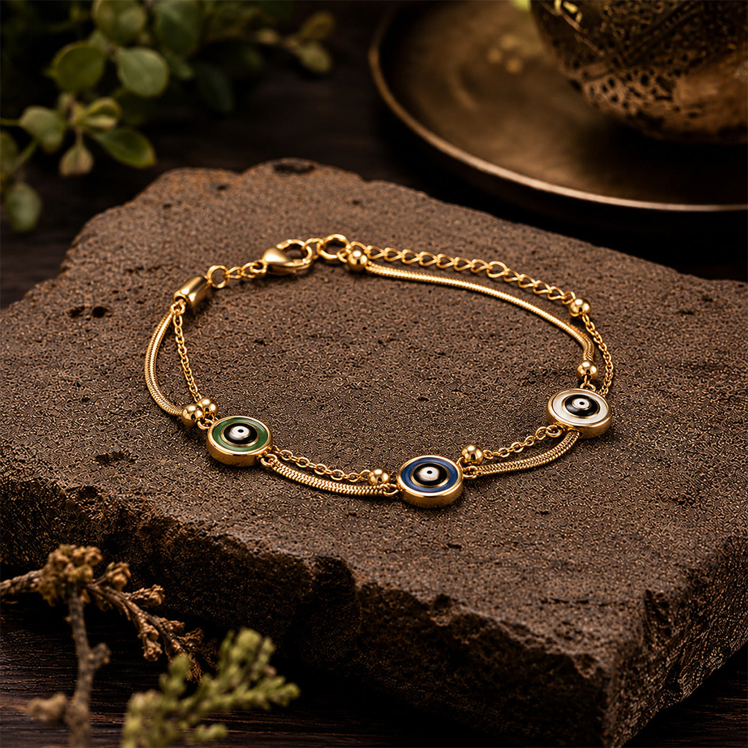 The Evil Eye Luxe Bracelet — Gold Herringbone & Charm Chain
