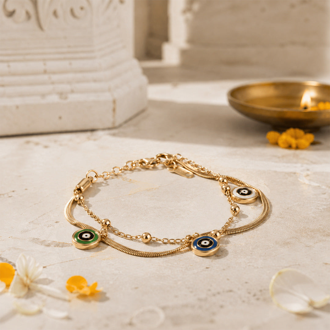 The Evil Eye Luxe Bracelet — Gold Herringbone & Charm Chain