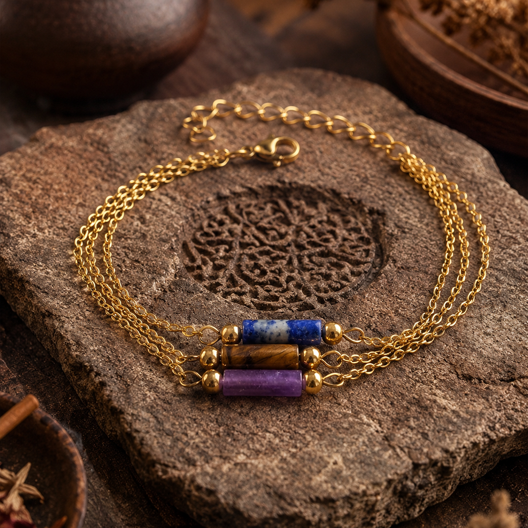 Three Stone Chakra Tube Bracelet — Lapis, Tiger Eye & Amethyst on Gold Chain