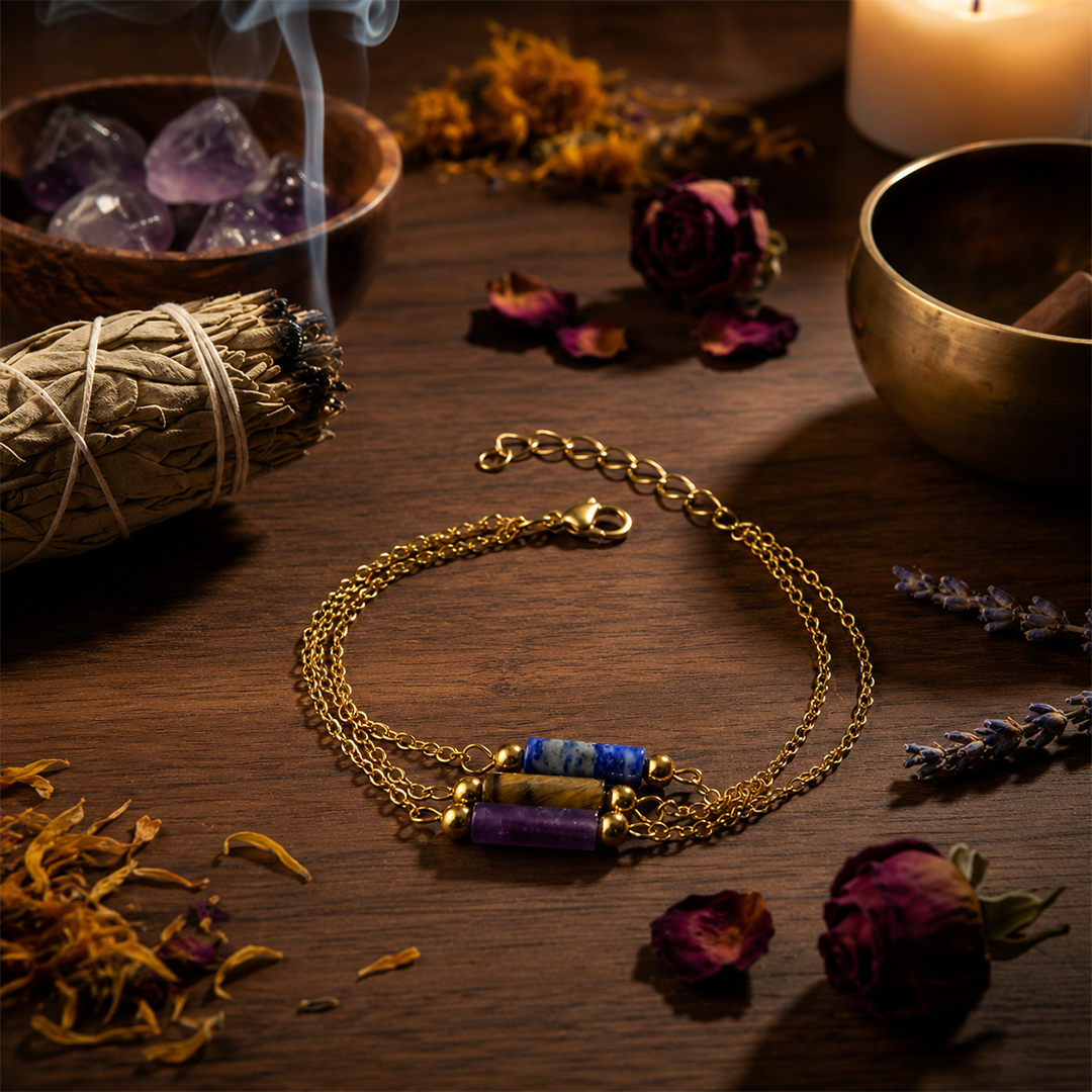 Three Stone Chakra Tube Bracelet — Lapis, Tiger Eye & Amethyst on Gold Chain