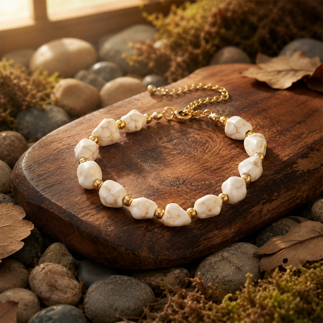 White Howlite Nugget Stone Bracelet with Gold Beads — Adjustable