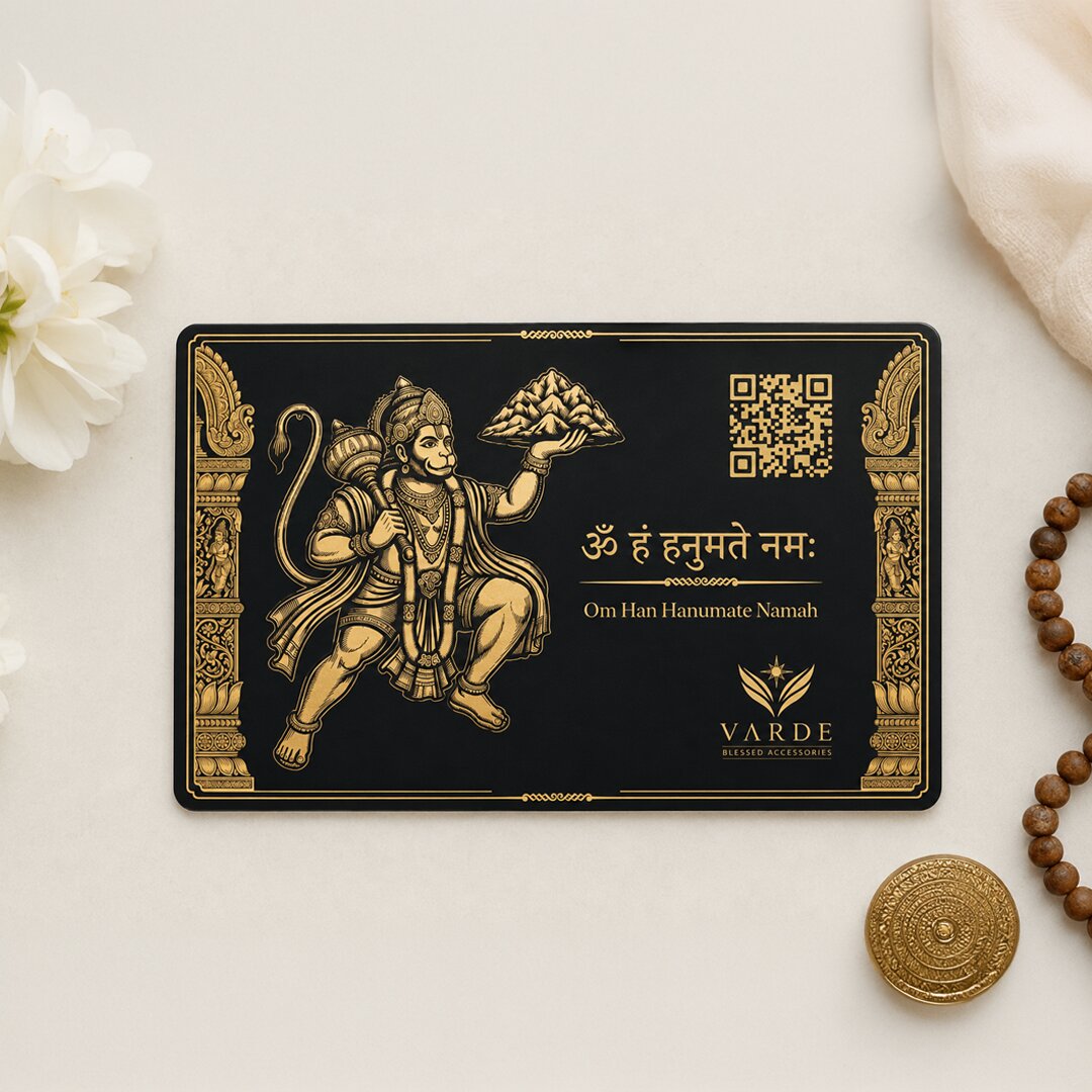 Hanuman Ji Blessed Metal Pocket Card — Sanjeevani Hanuman with QR