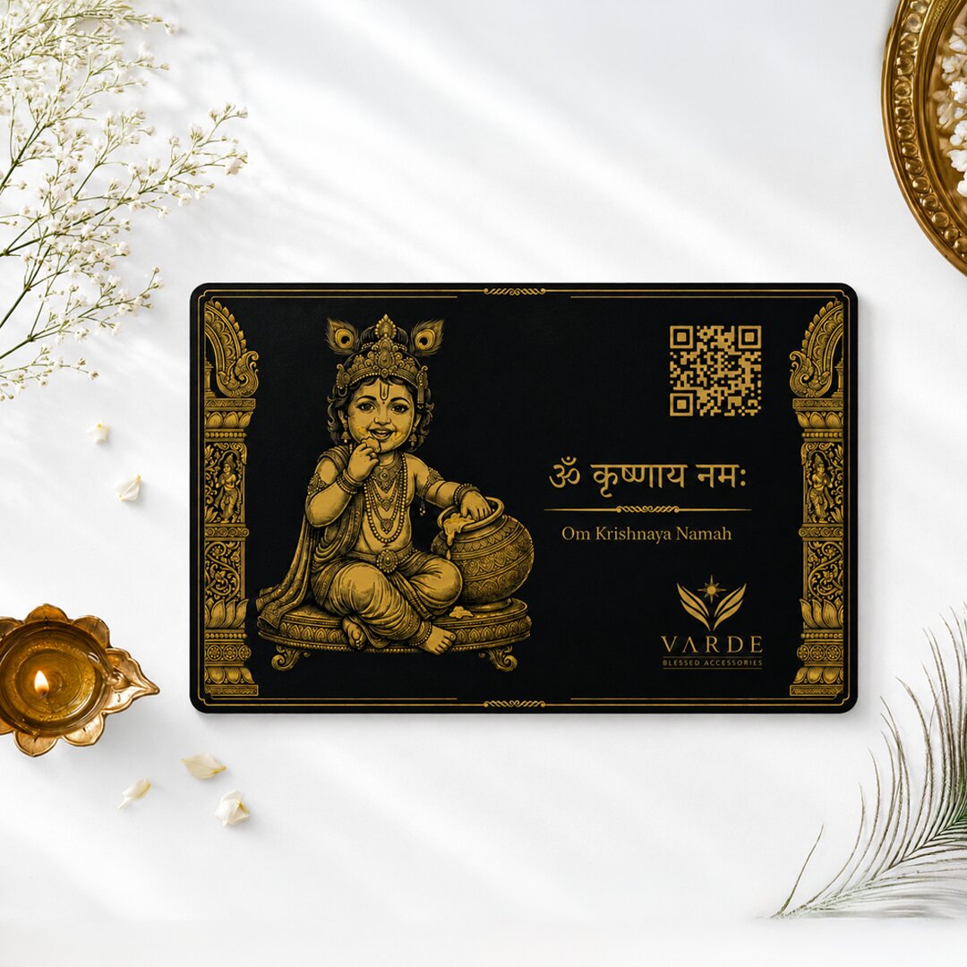 Bal Krishna Blessed Metal Pocket Card — Om Krishnaya Namah with QR