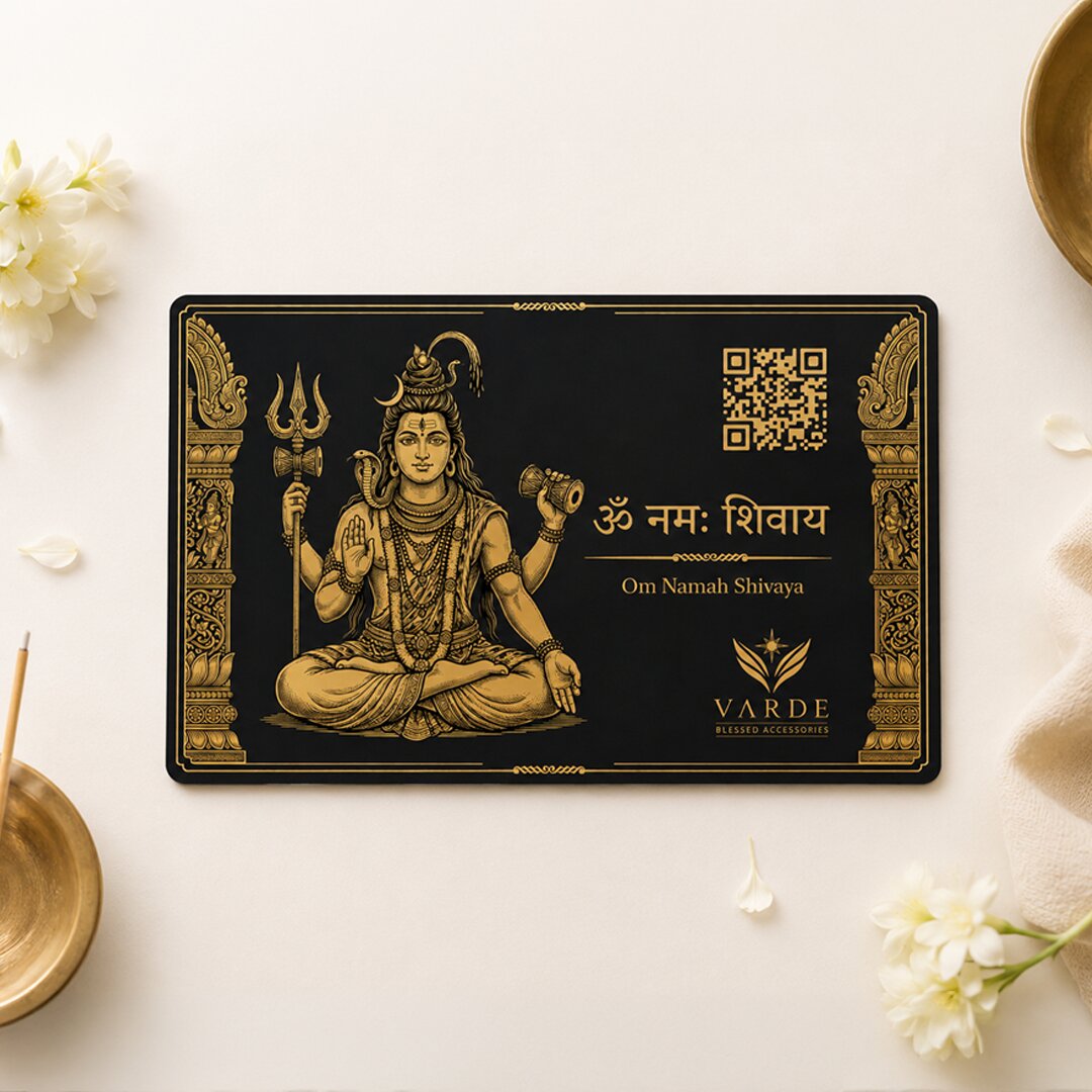 Lord Shiva Blessed Metal Pocket Card — Om Namah Shivaya with QR