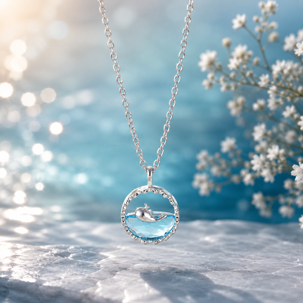 Silver Whale & Blue Crystal Pendant Necklace — Ocean Inspired