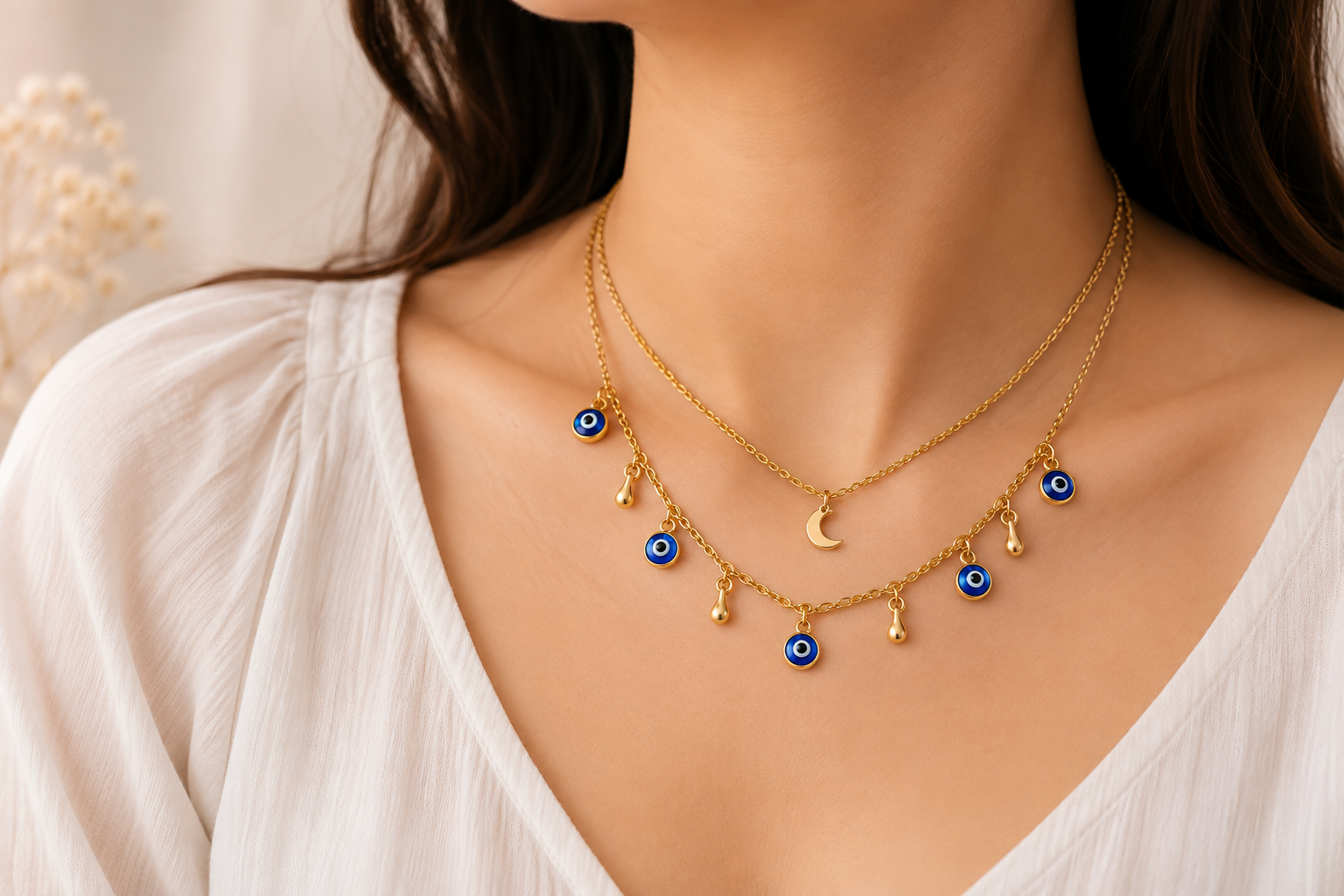 The Blessed Moon Set — Evil Eye & Gold Moon Necklace & Bracelet