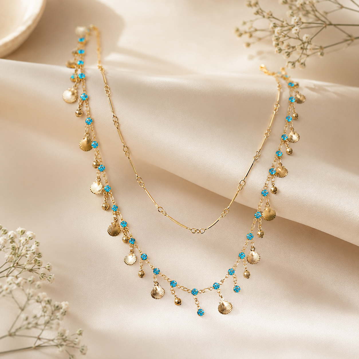 The Mermaid Double Layer Necklace - Blue Rhinestone & Gold Shell Necklace