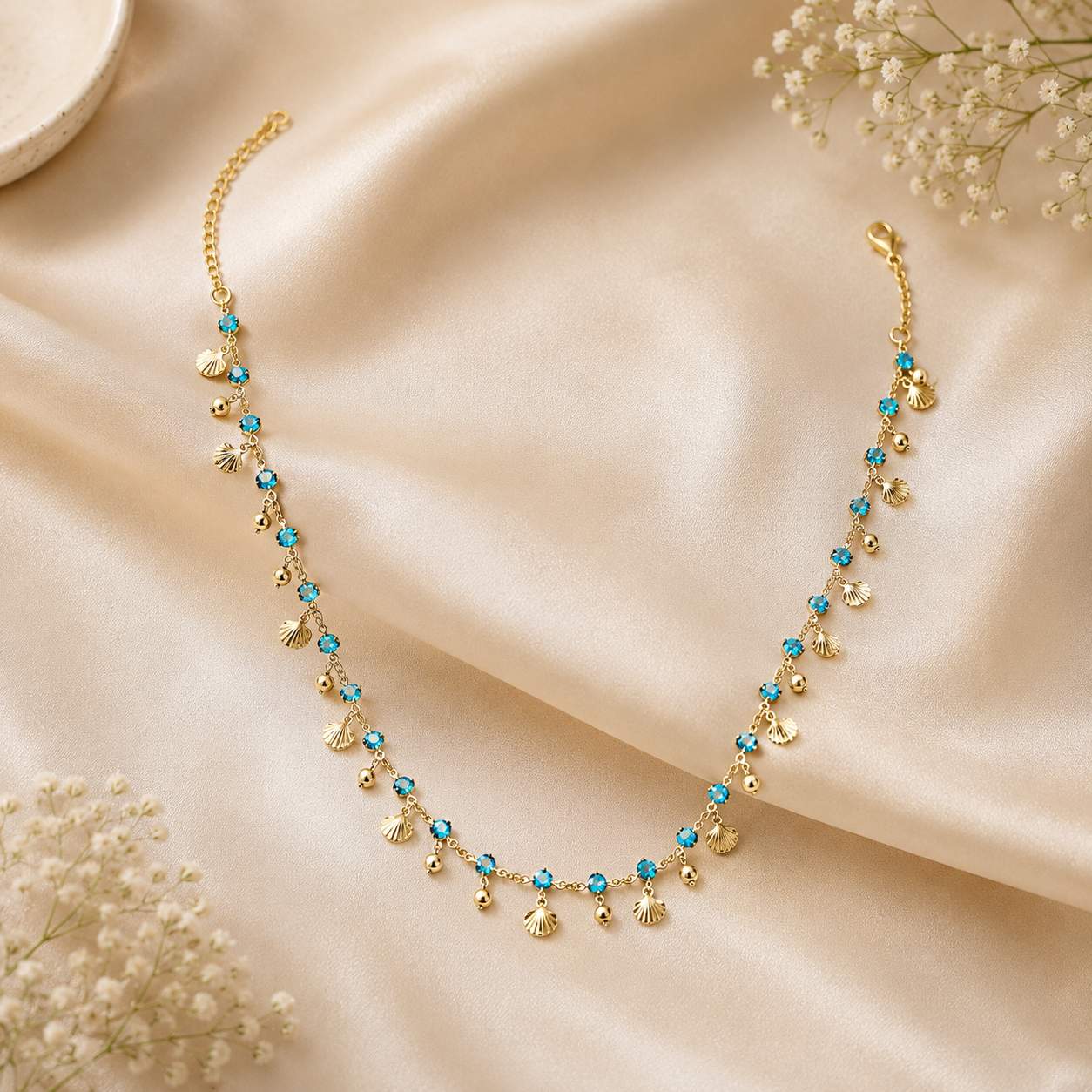 The Mermaid Double Layer Necklace - Blue Rhinestone & Gold Shell Necklace