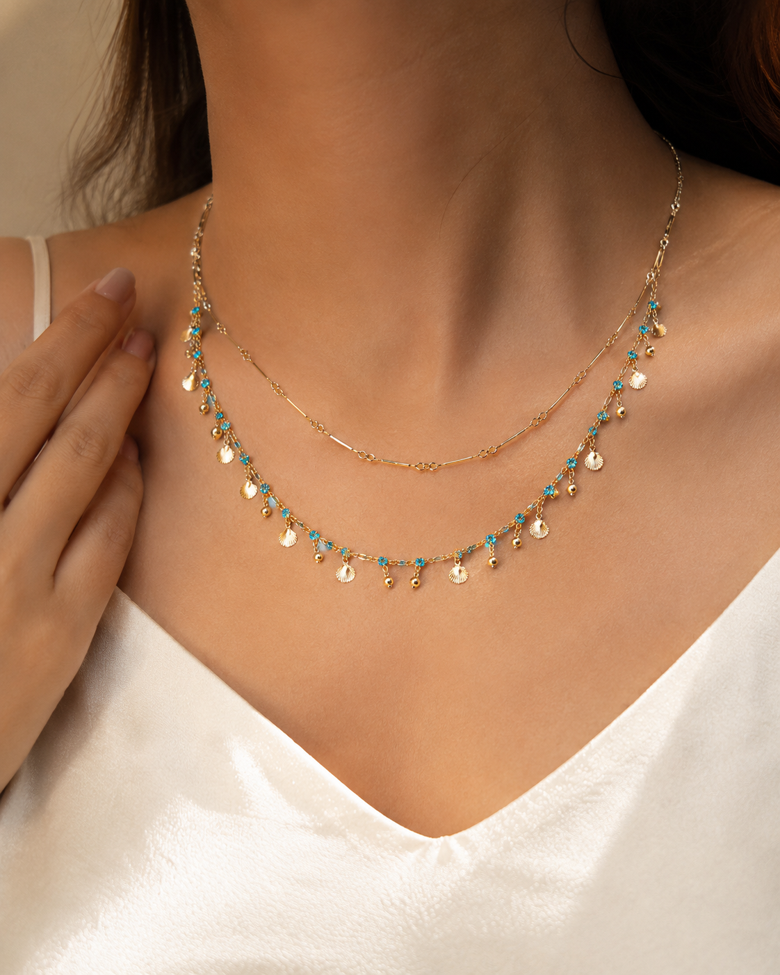 The Mermaid Double Layer Necklace - Blue Rhinestone & Gold Shell Necklace