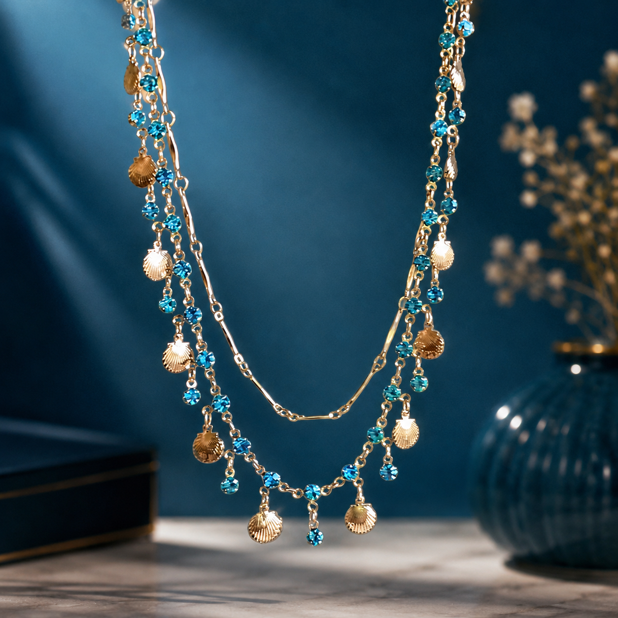 Blue Rhinestone & Gold Shell Double Layer Necklace