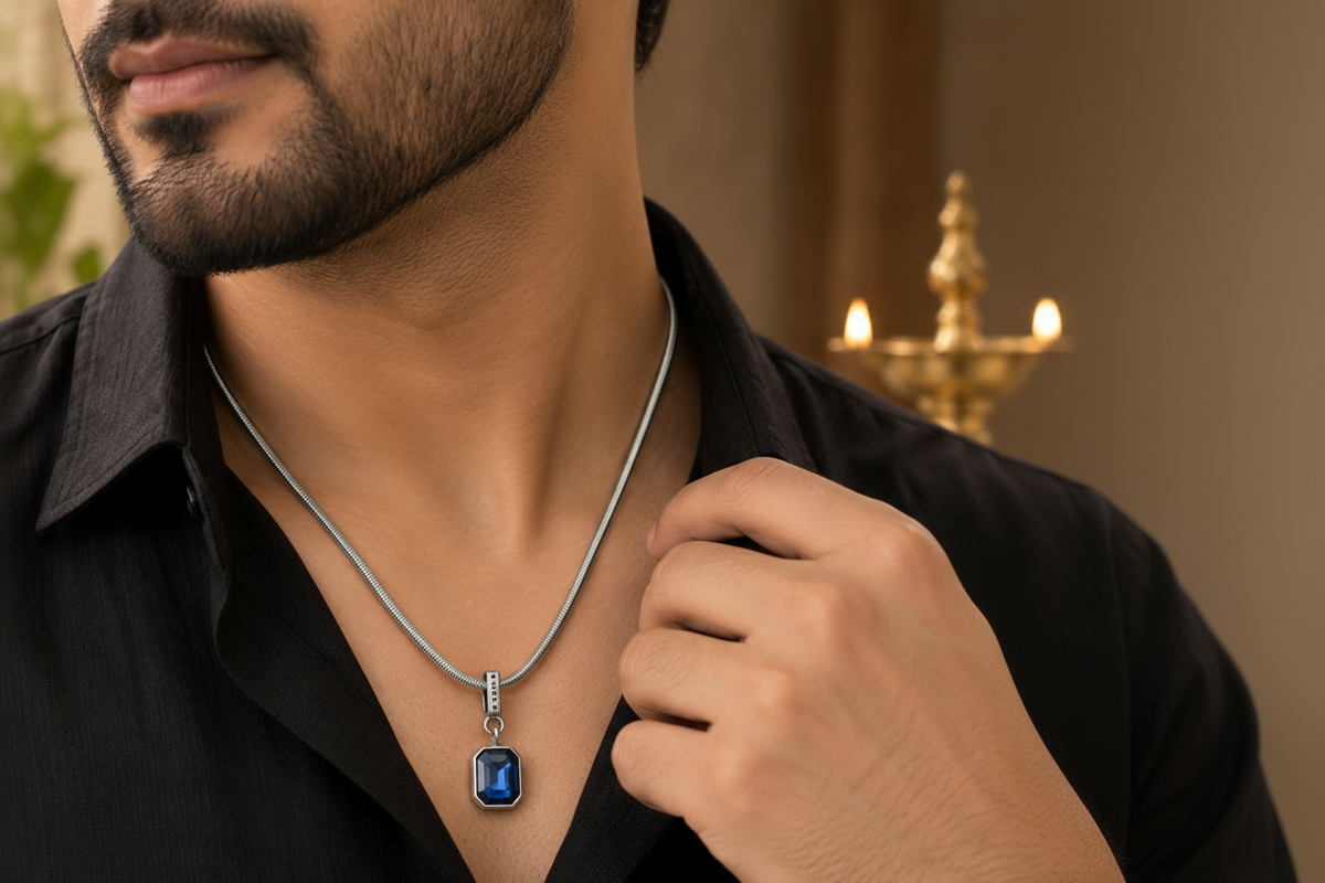 Neptune Pendant with Chain — Blue CZ & Silver Snake Chain