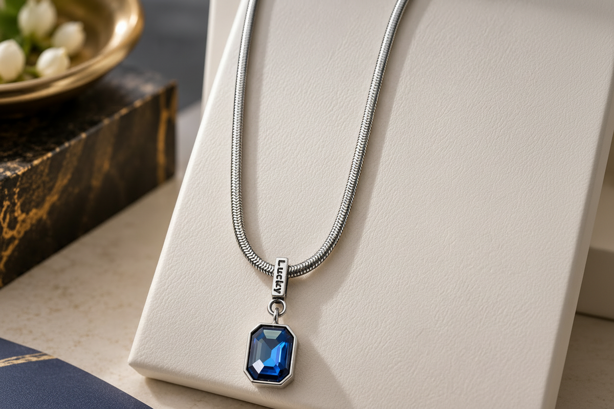 Neptune Pendant with Chain — Blue CZ & Silver Snake Chain