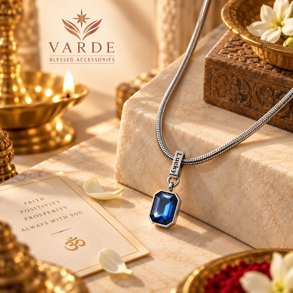 Neptune Pendant with Chain — Blue CZ & Silver Snake Chain