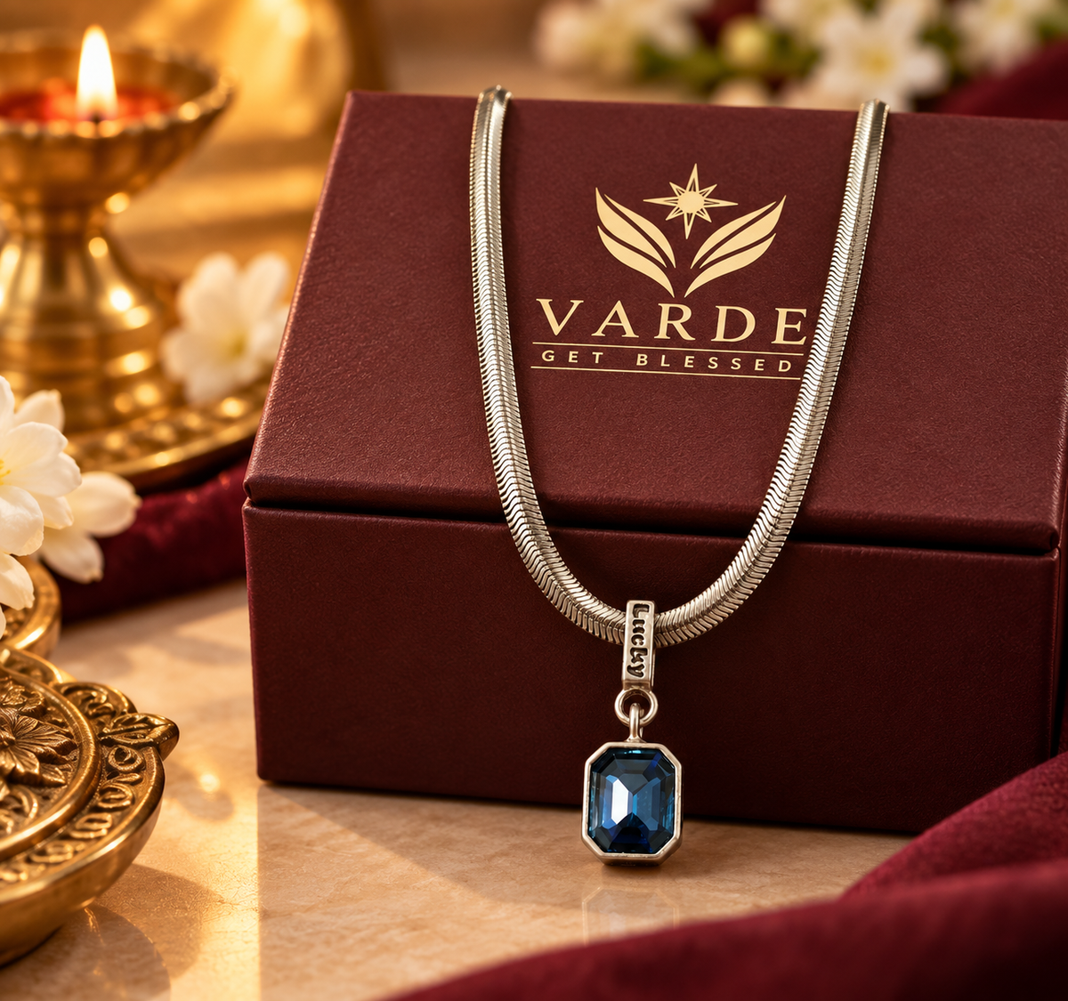 Neptune Pendant with Chain — Blue CZ & Silver Snake Chain