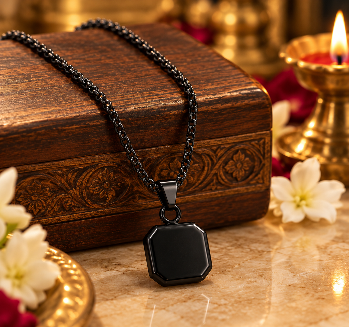 The Black Shield Pendant with Chain — Black Onyx