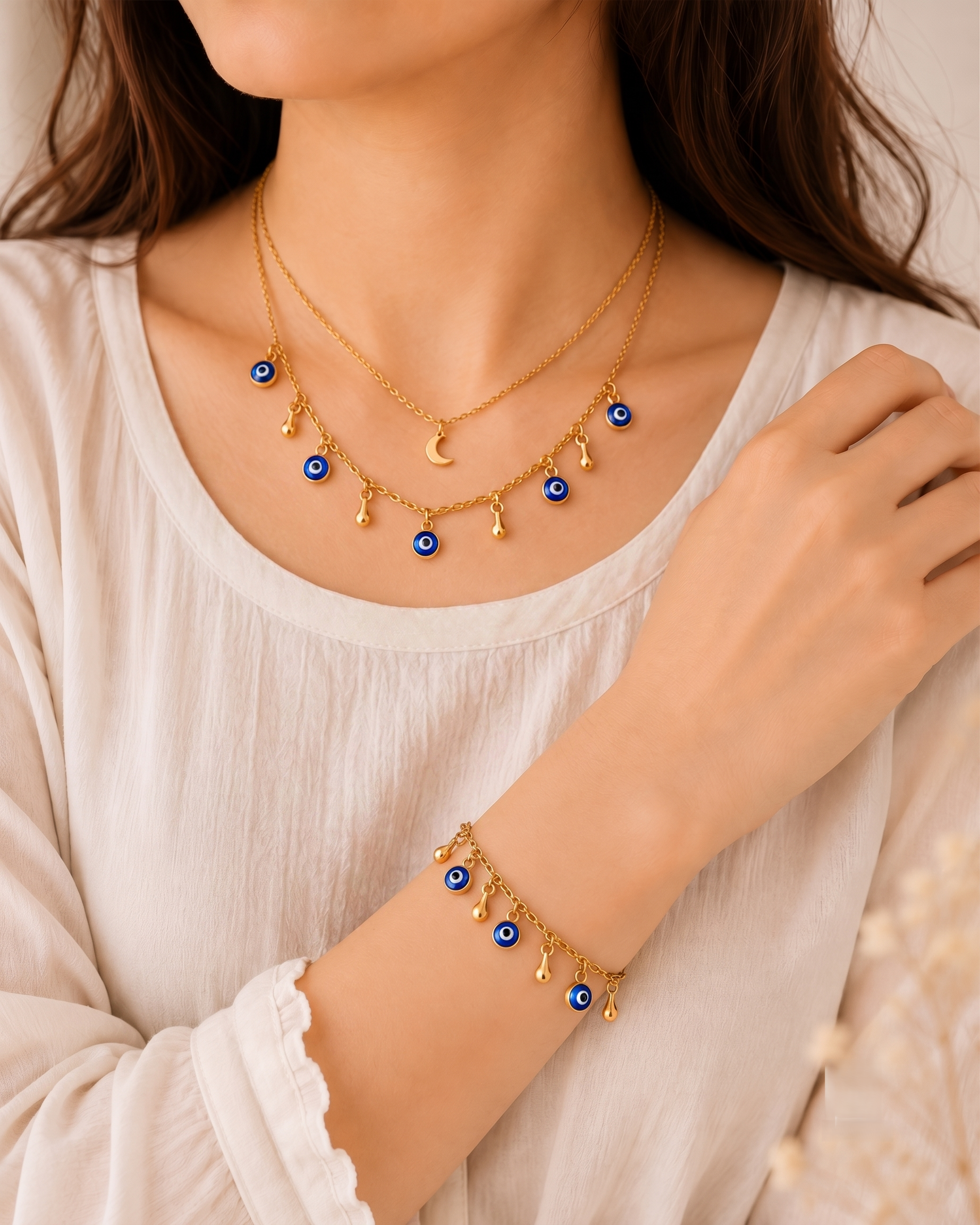 The Blessed Moon Set — Evil Eye & Gold Moon Necklace & Bracelet