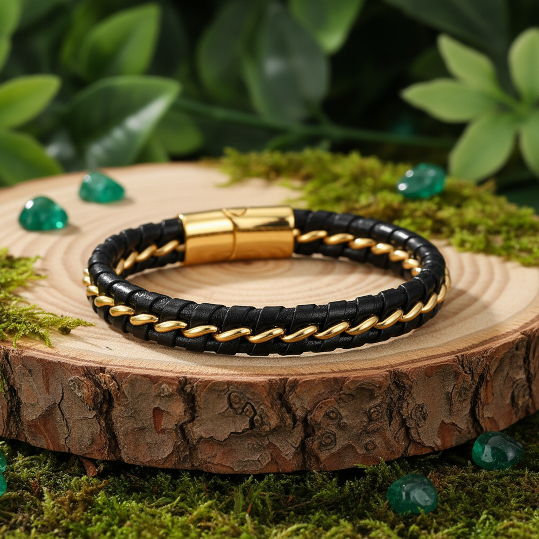 Gold & Black Braided Leather Bracelet for Men — Cross Detail Clasp