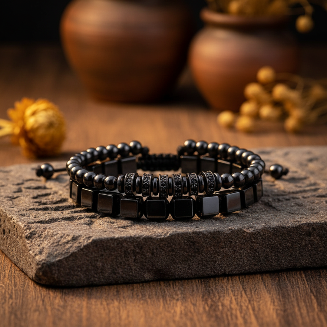 Black Hematite Faceted Double Stack Bracelet for Men