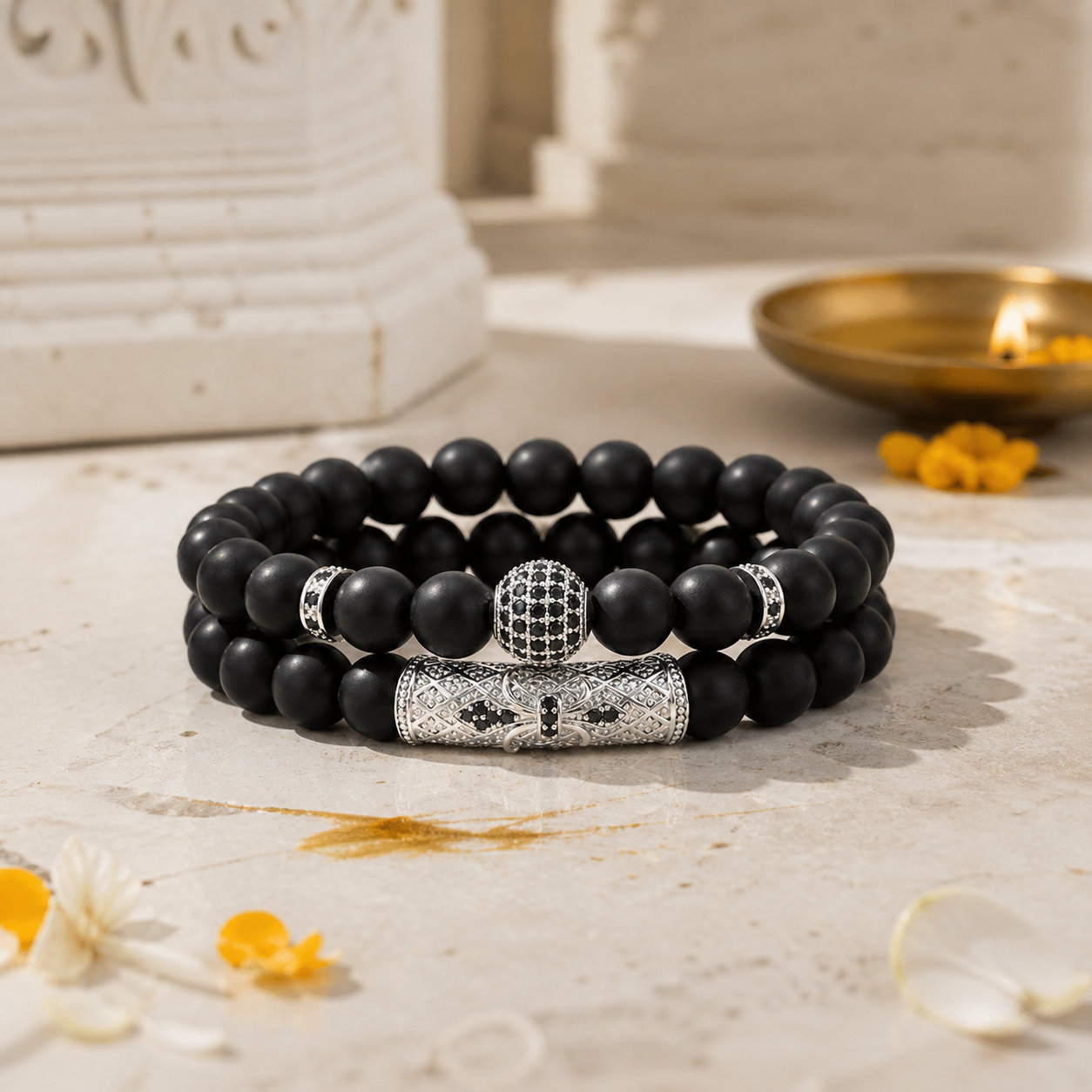 Black Onyx & Silver CZ Charm Stack Bracelet Set — 2 Pieces