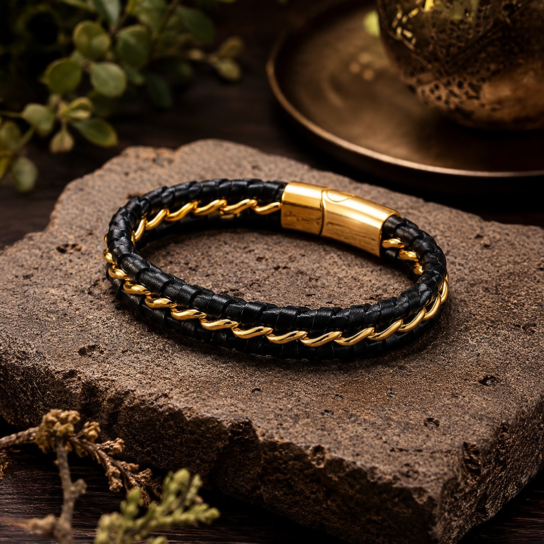 Gold & Black Braided Leather Bracelet for Men — Cross Detail Clasp