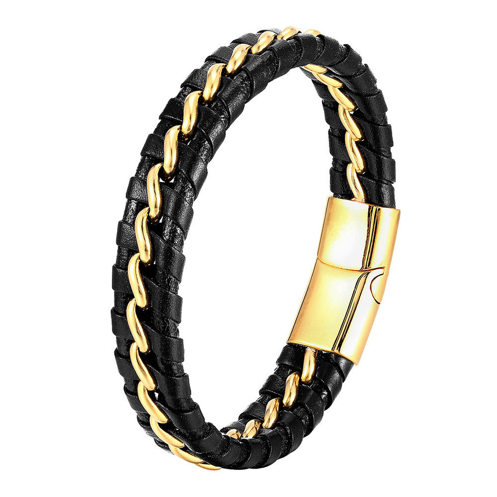 Gold & Black Braided Leather Bracelet for Men — Cross Detail Clasp