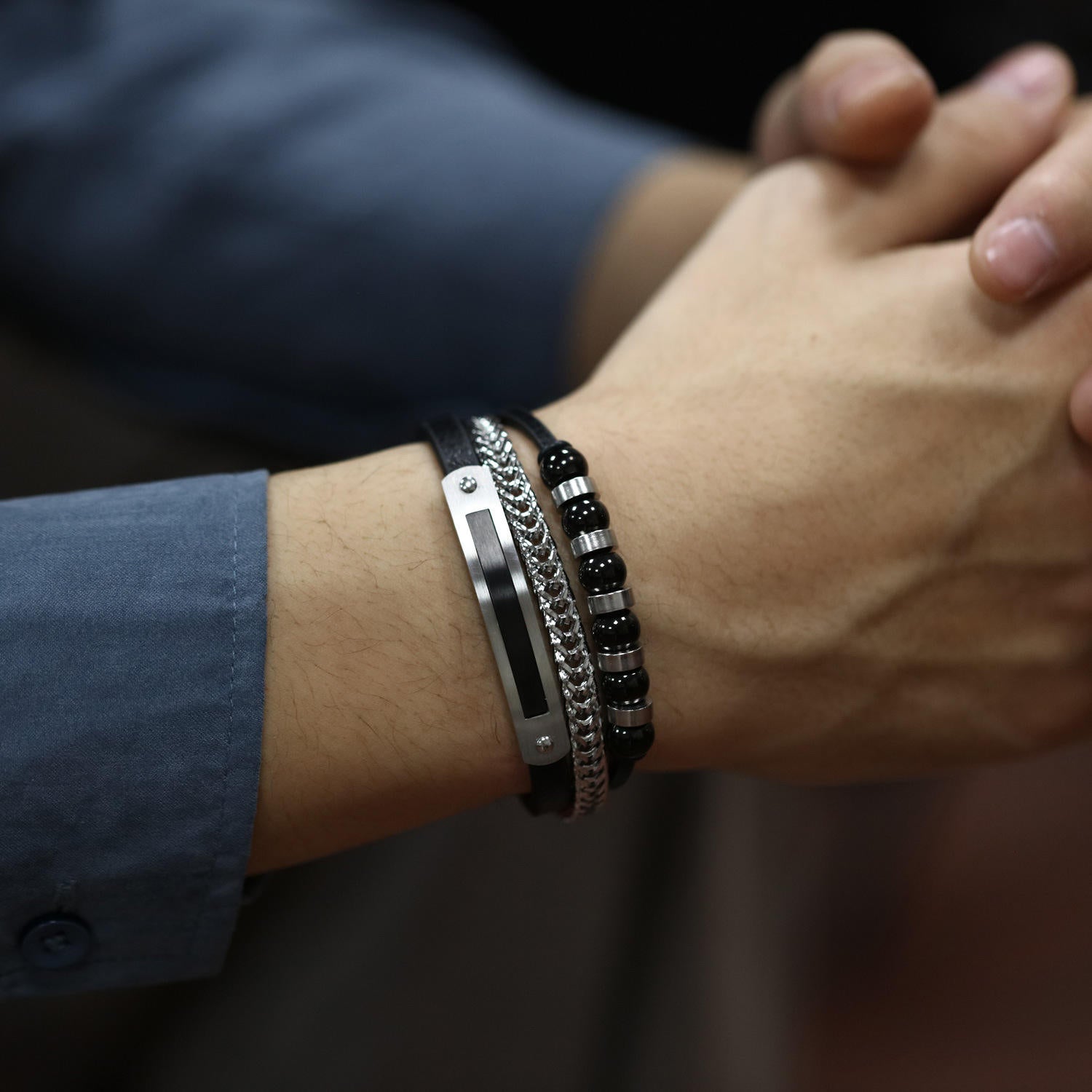 Triple-Strand Layered Stack Bracelet for Men — Leather, Chain & Beads