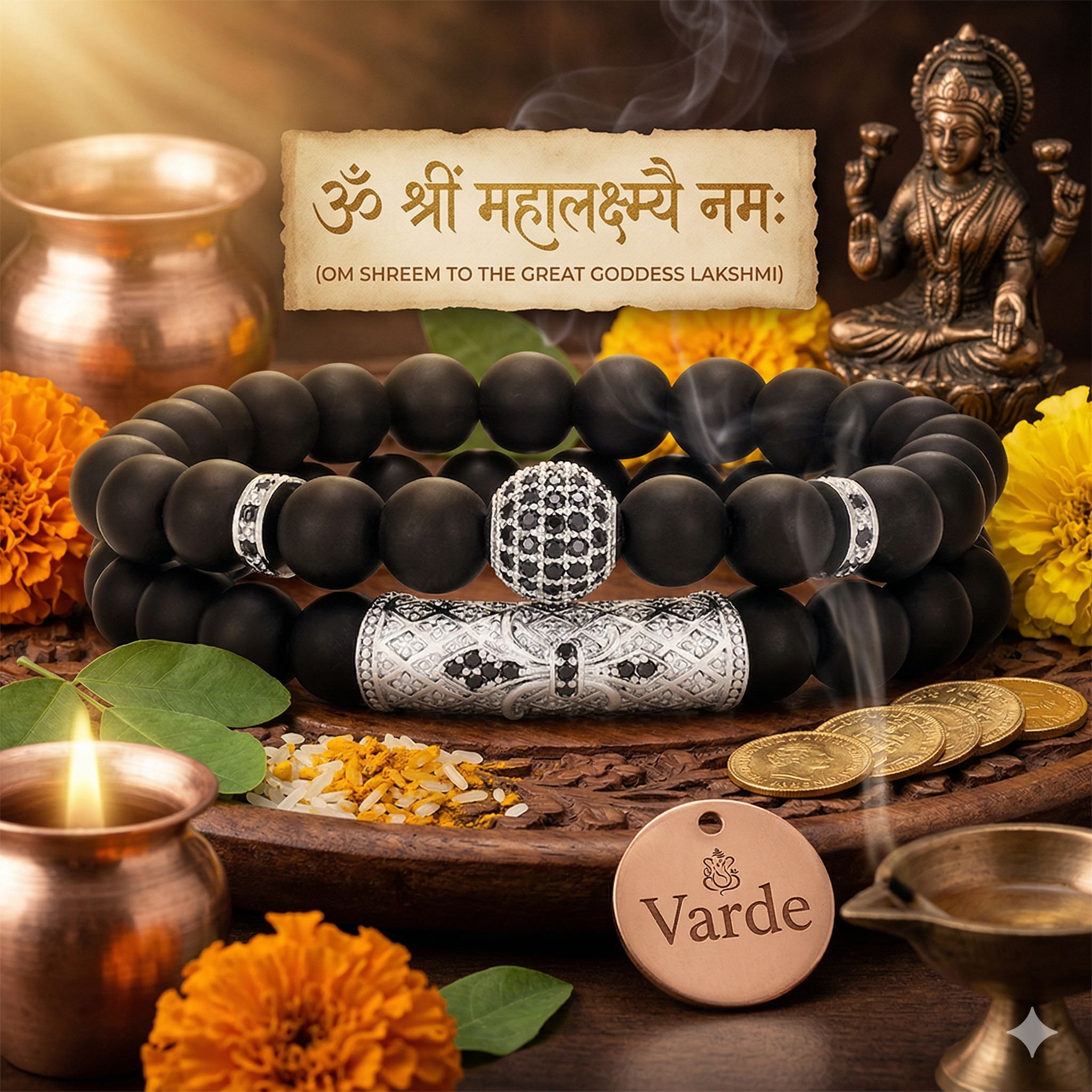 Suraksha Kavach — Matte Black Onyx & Silver CZ, Set of 2