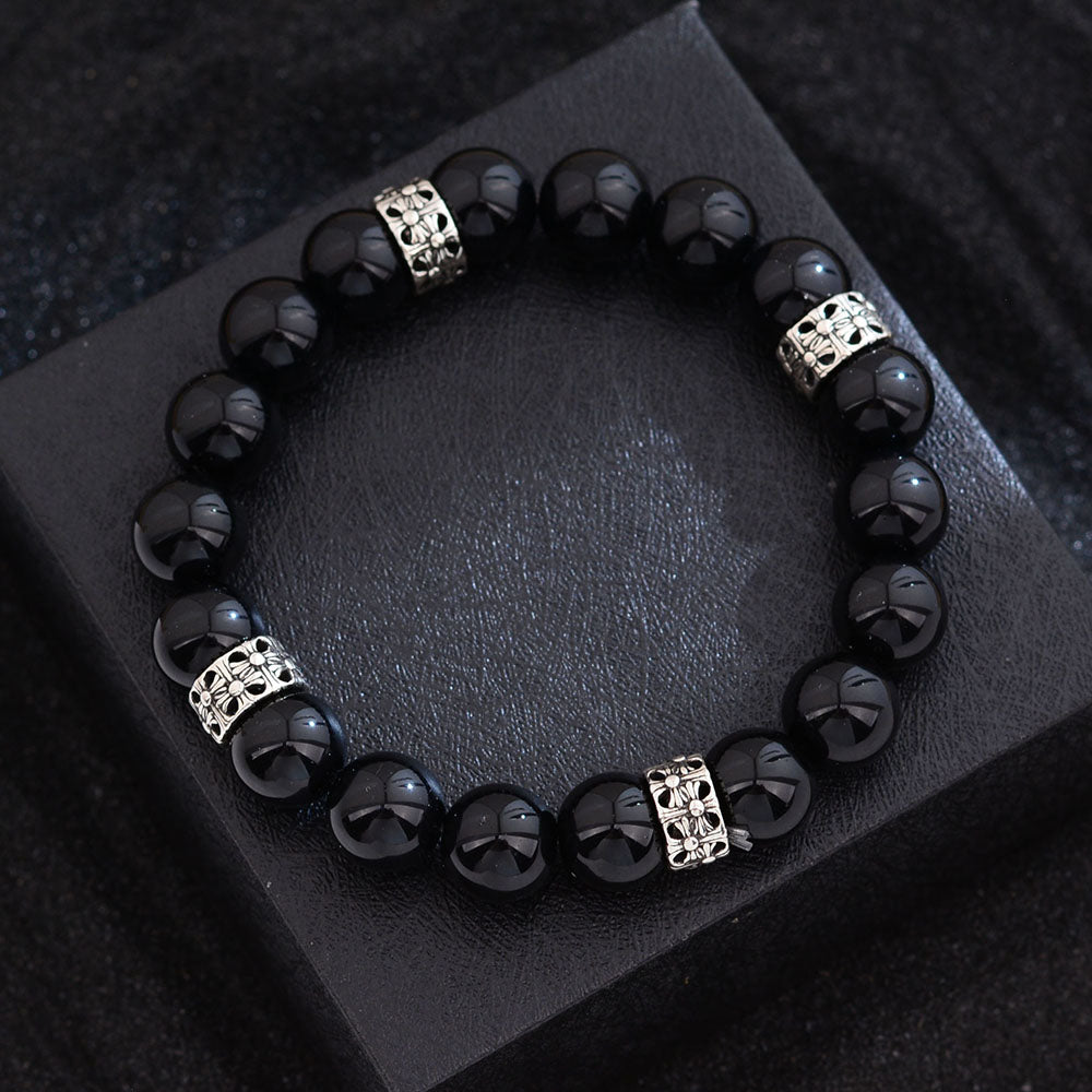 Polished Black Onyx Bracelet with Antique Silver Cross Charm Beads