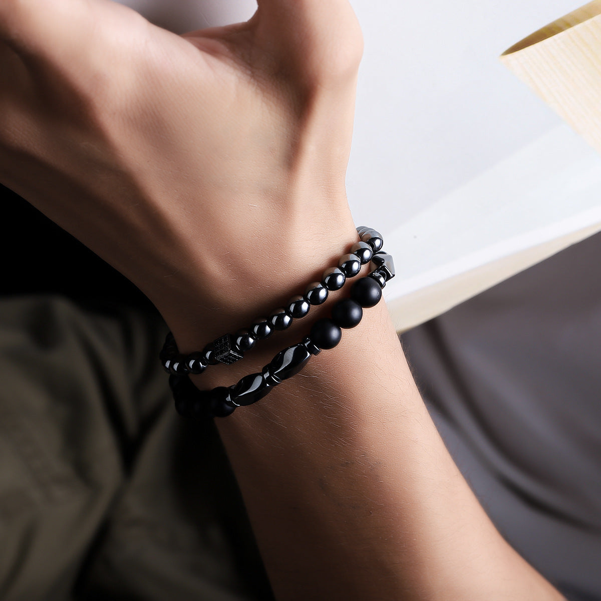 Hematite Stack Bracelet Set — Two-Piece Black Stone