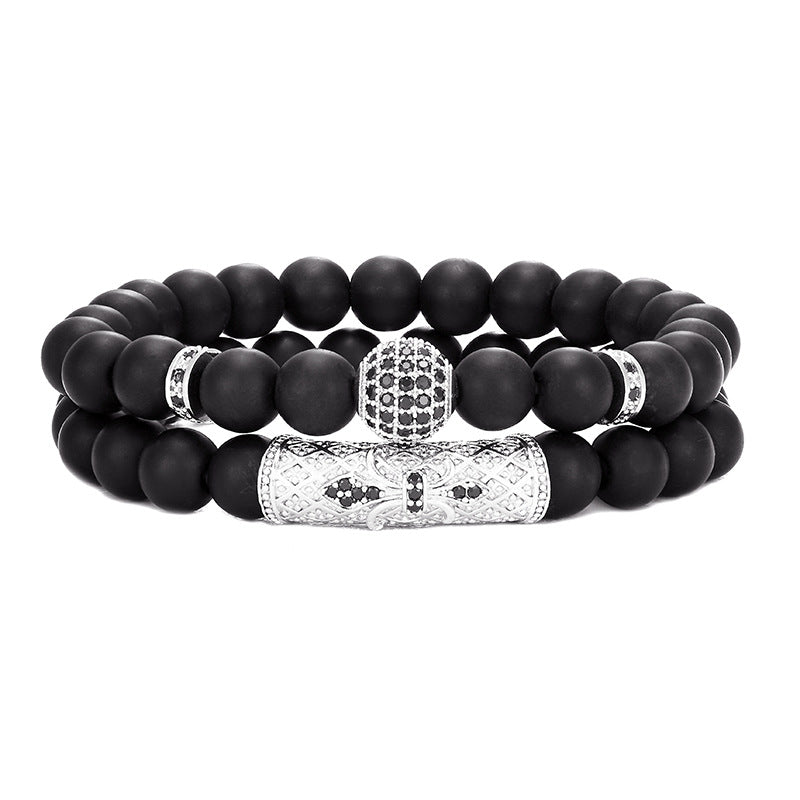 Black Onyx & Silver CZ Charm Stack Bracelet Set — 2 Pieces