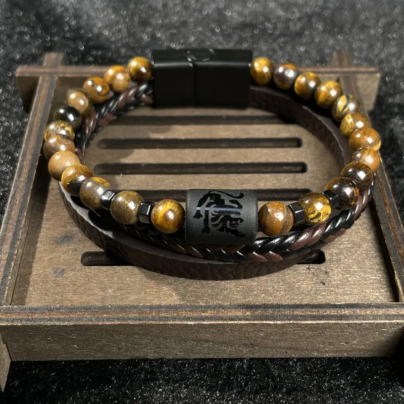 Tiger Eye & Genuine Leather Stack Bracelet for Men