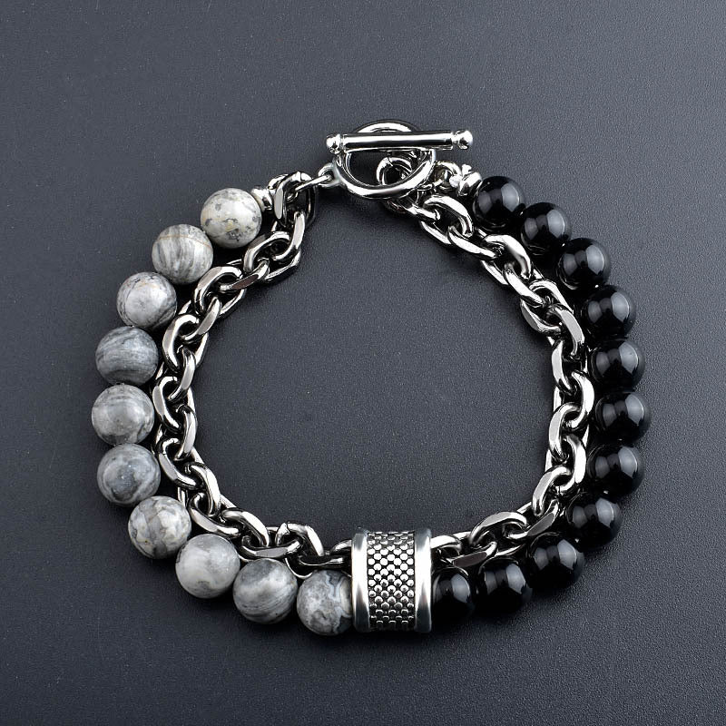 Two-Tone Stone & Steel Chain Bracelet — Grey Jasper, Black Onyx