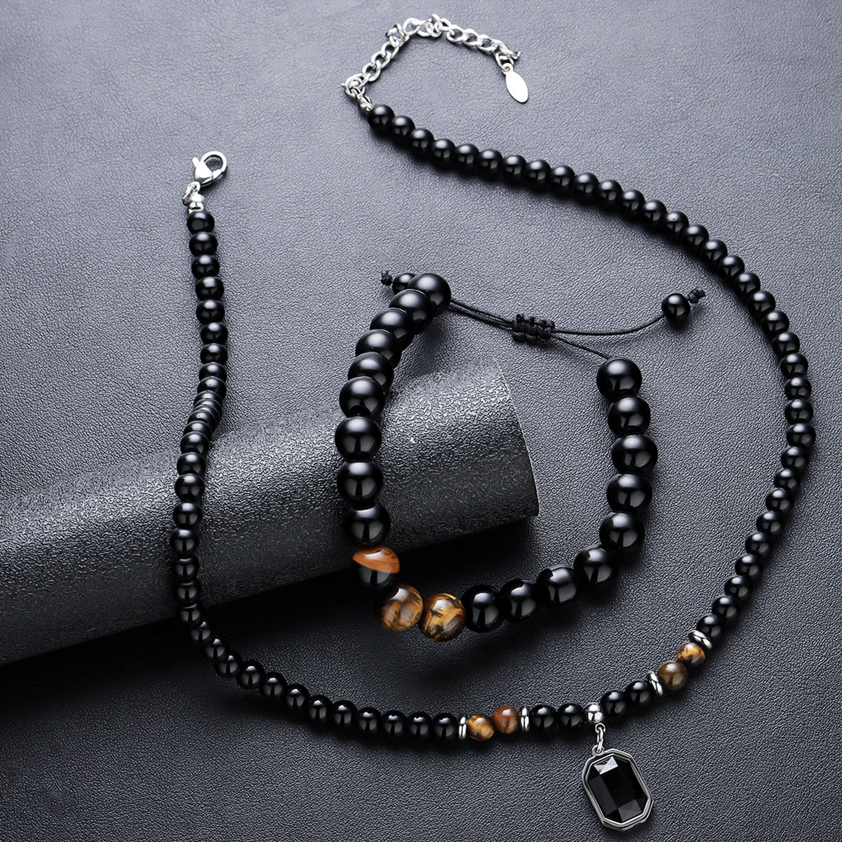 Black Onyx & Tiger Eye Necklace and Bracelet Gift Set for Men