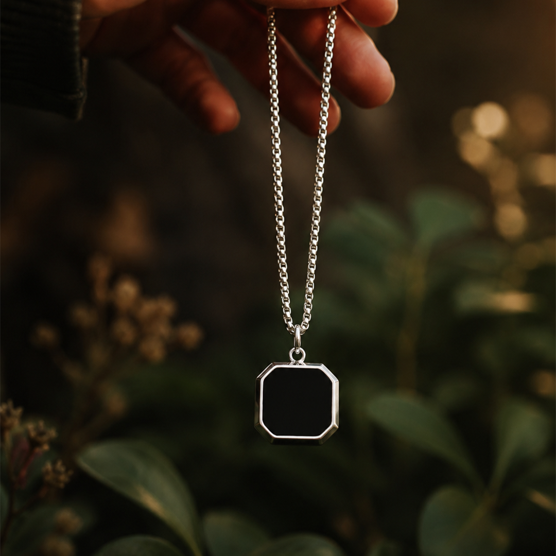 Octagonal Black Stone Pendant Necklace for Men — Silver, Black or Gold