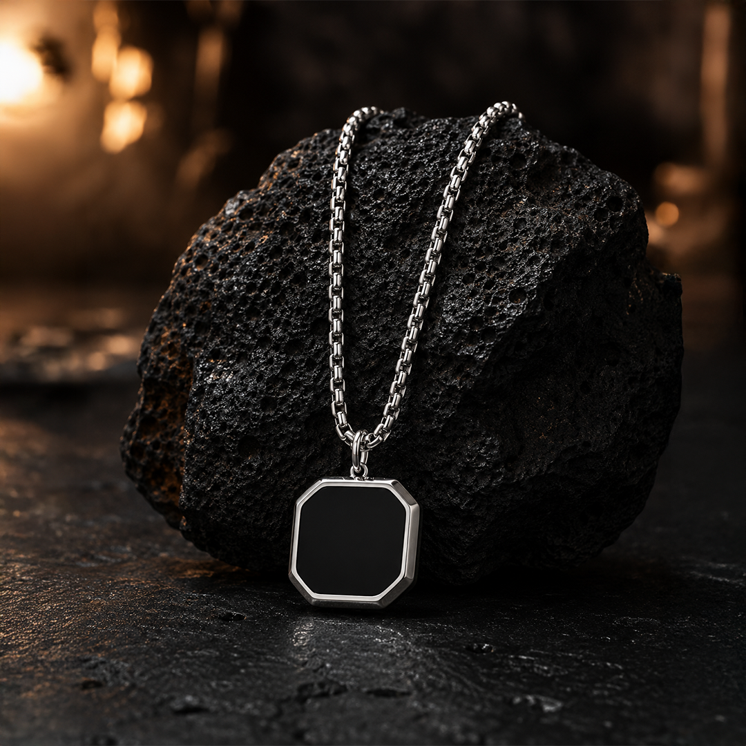 Octagonal Black Stone Pendant Necklace for Men — Silver, Black or Gold