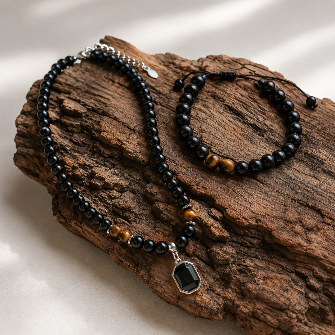 Black Onyx & Tiger Eye Necklace and Bracelet Gift Set for Men