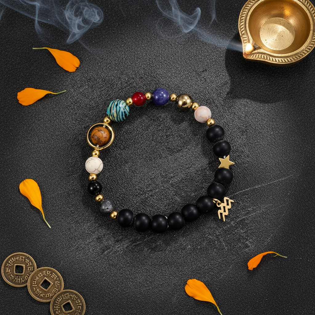 Aquarius Galaxy Bracelet — Solar System Beads with Star Charm