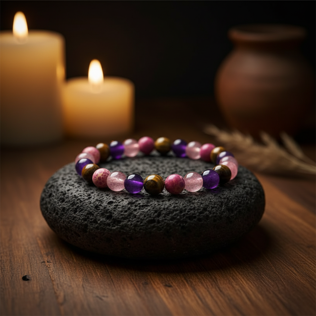 Calming Anxiety Relief Bracelet — Amethyst, Tiger Eye & Pink Agate