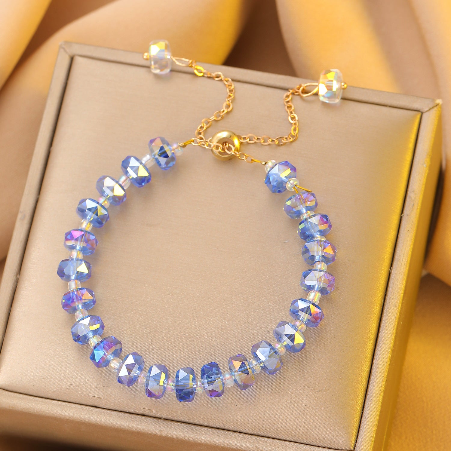 Iridescent Blue Crystal Bracelet for Women — Adjustable Gold Chain
