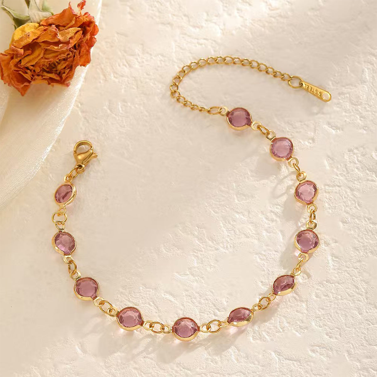 Pink Crystal Bezel-Set Gold Chain Bracelet — 18K Plated