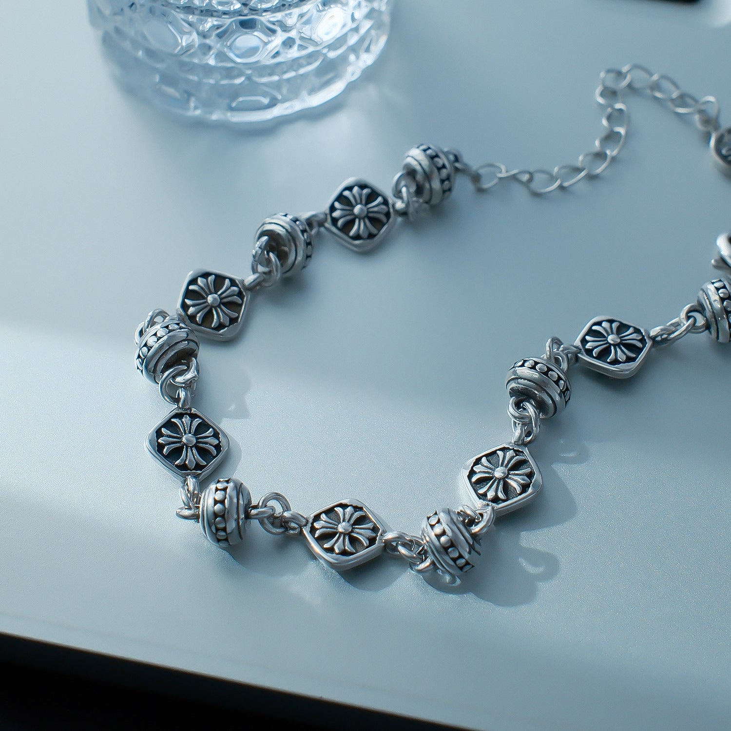 Antique Silver Cross & Floral Vintage Link Bracelet for Women