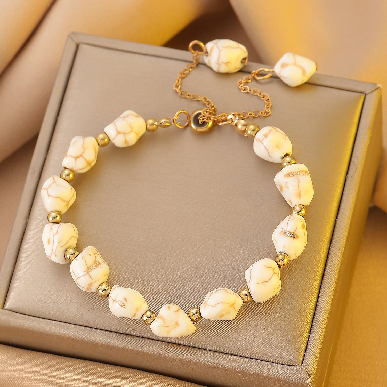White Howlite Nugget Stone Bracelet with Gold Beads — Adjustable