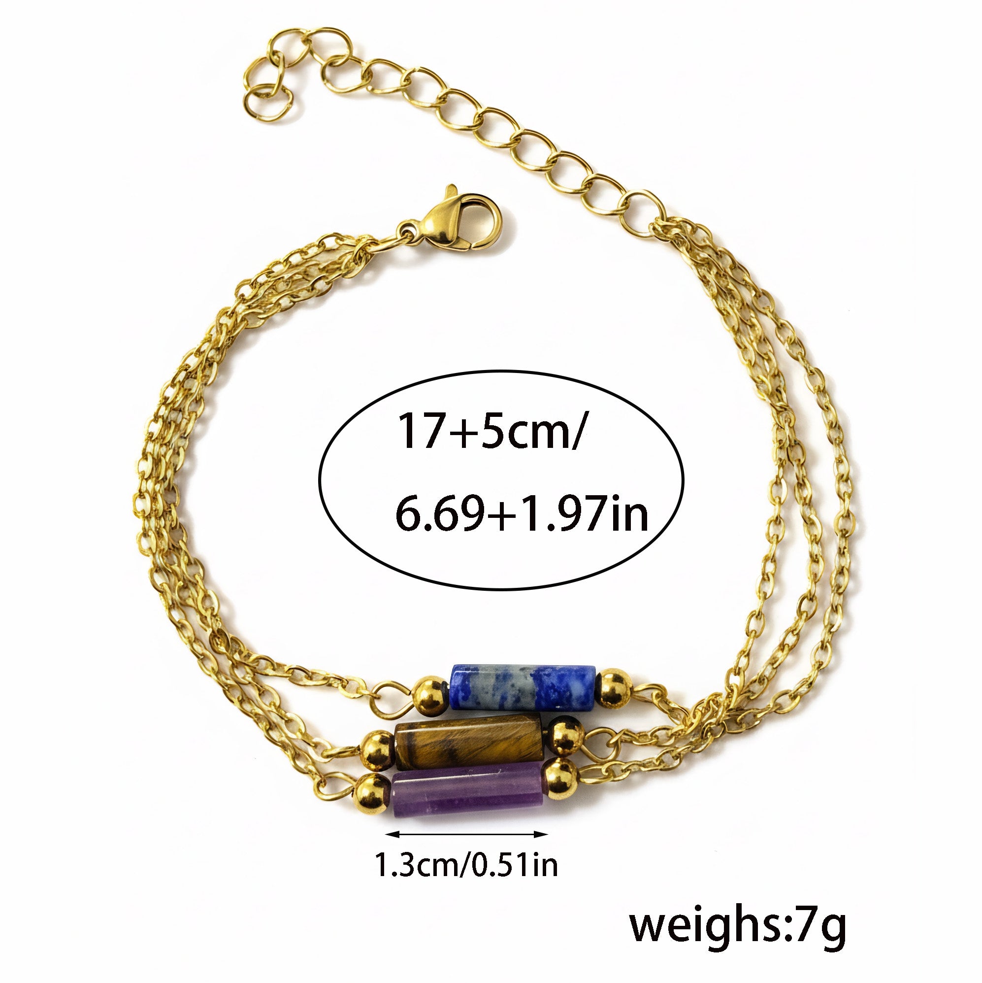 Three Stone Chakra Tube Bracelet — Lapis, Tiger Eye & Amethyst on Gold Chain