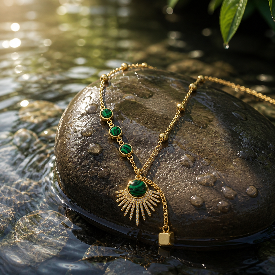 Gold Sunburst Malachite Pendant Necklace — 18K Plated