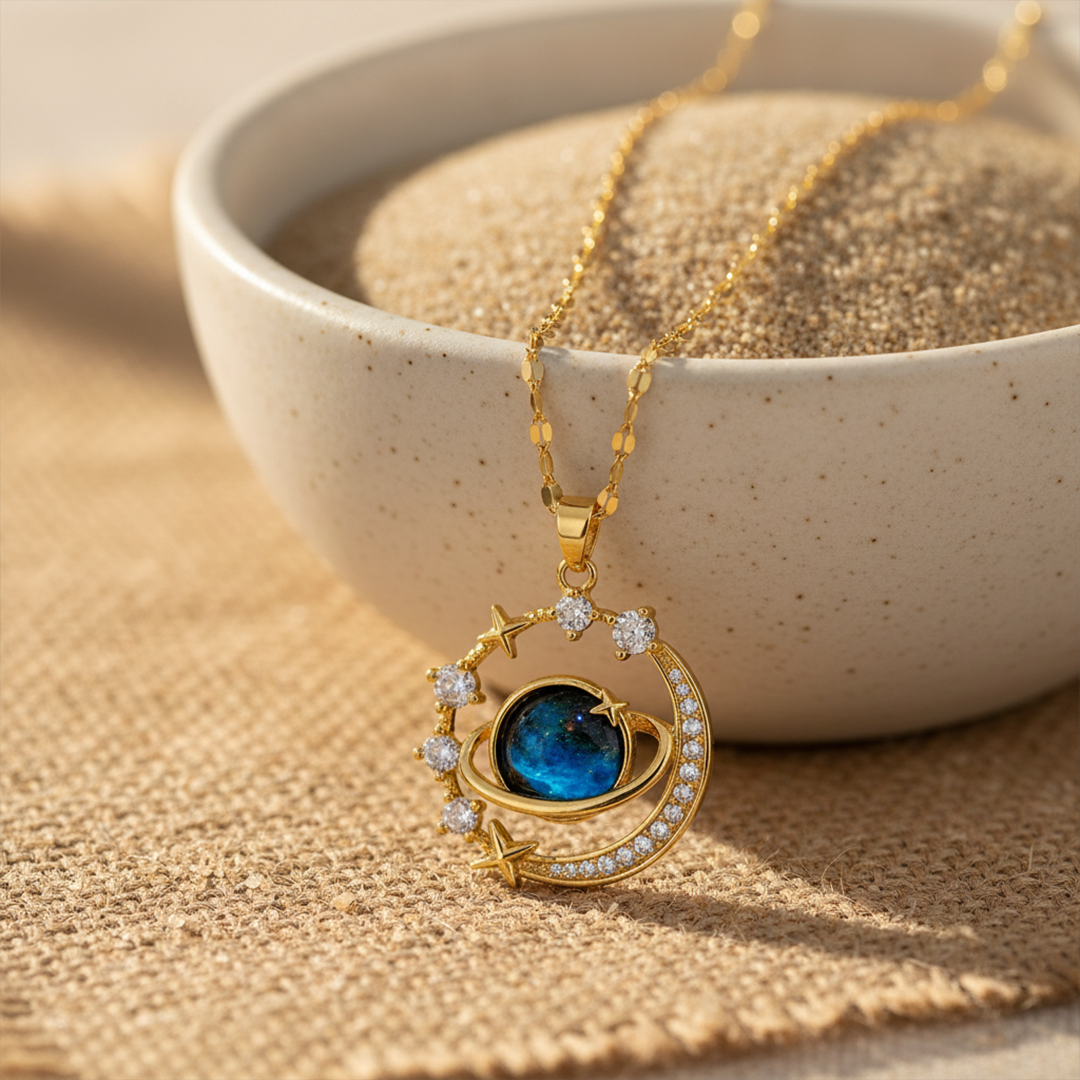 Cosmic Galaxy Pendant Necklace — Blue Universe & Crescent Moon