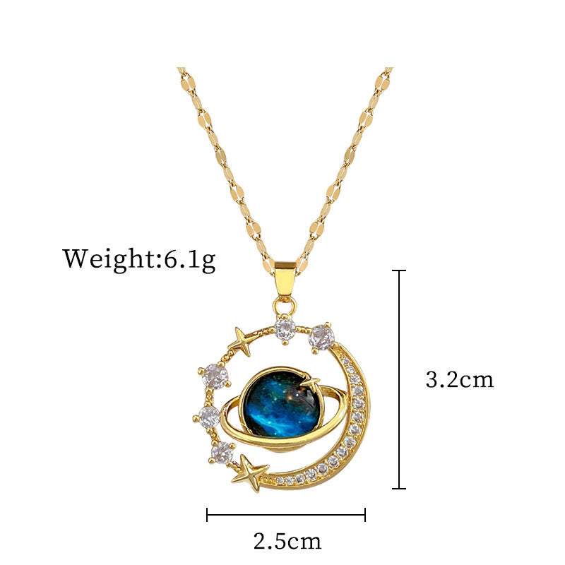 Cosmic Galaxy Pendant Necklace — Blue Universe & Crescent Moon